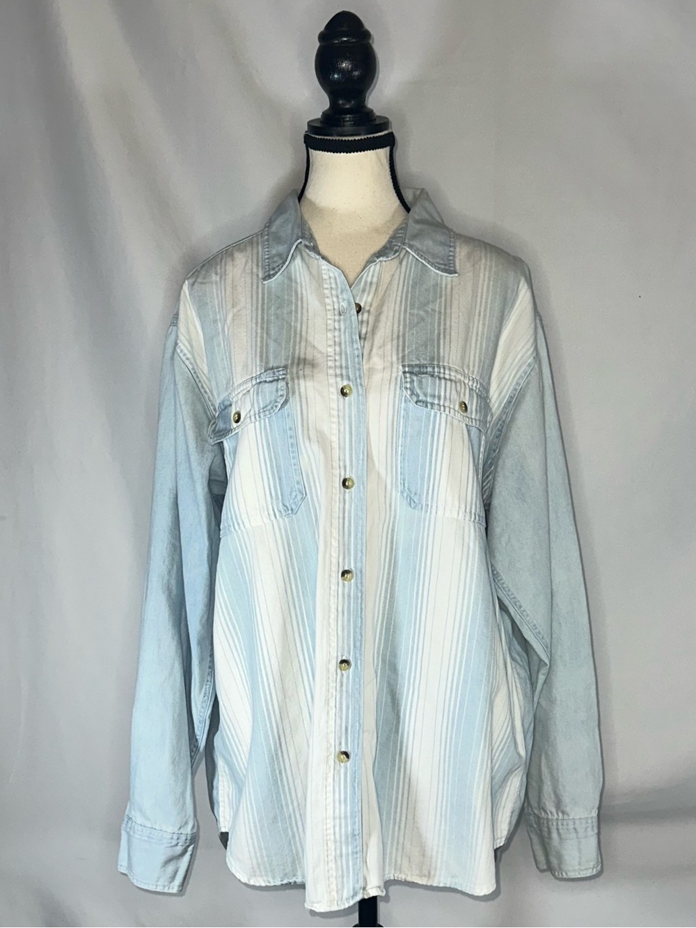 Vintage Kiko-mō Striped Denim Shirt Large 90s Colorblock Chambray Button Down